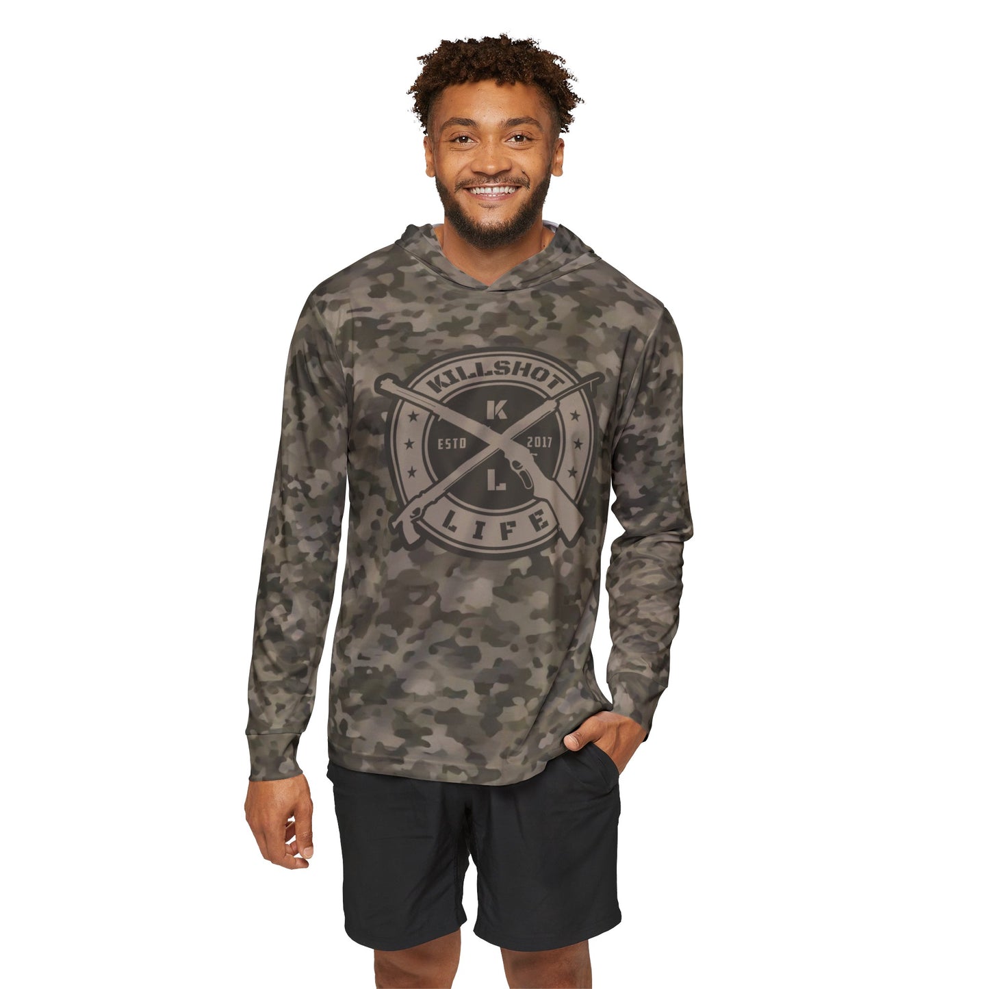 Spearfishing & Hunting UPF 50+ Sun Hoodie - Dry Woods Camo (Large Front Logo)