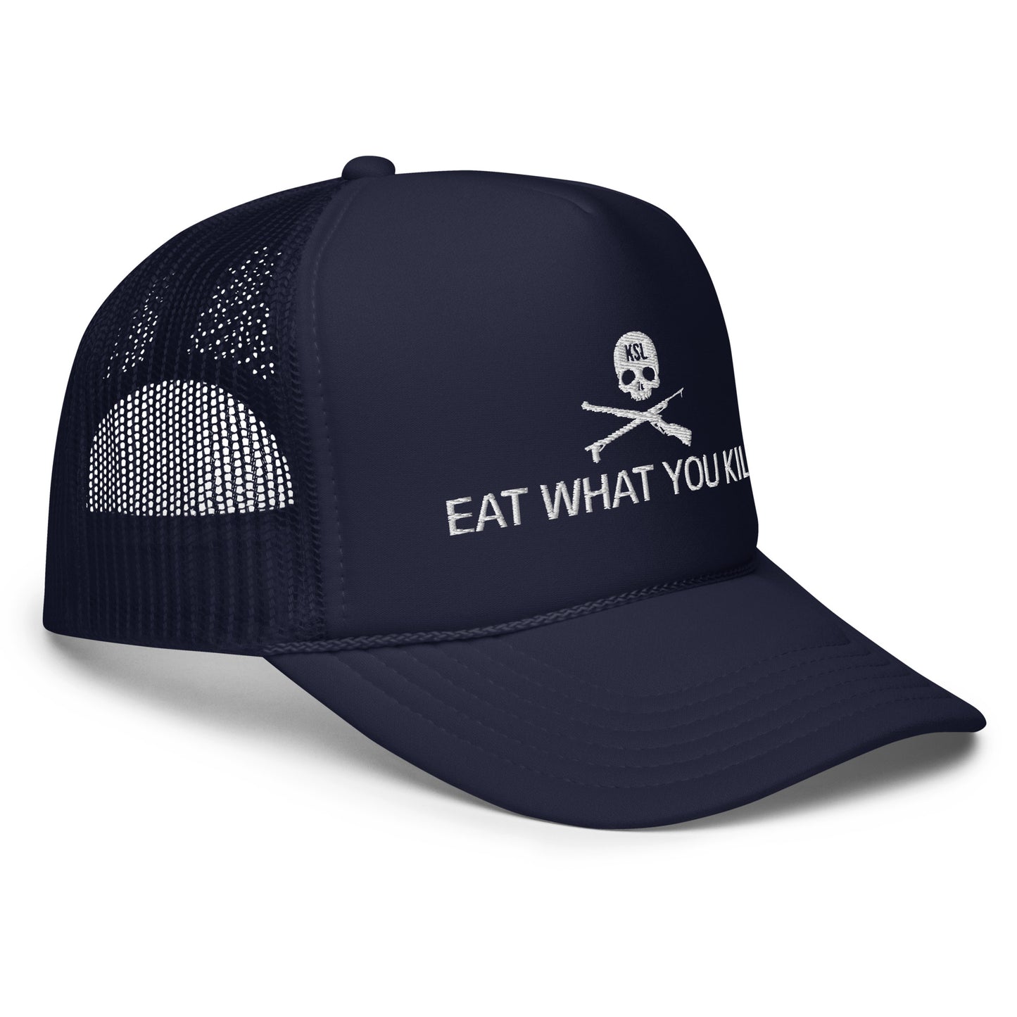 Eat What You Kill Foam Trucker Hat (White Embroidery)